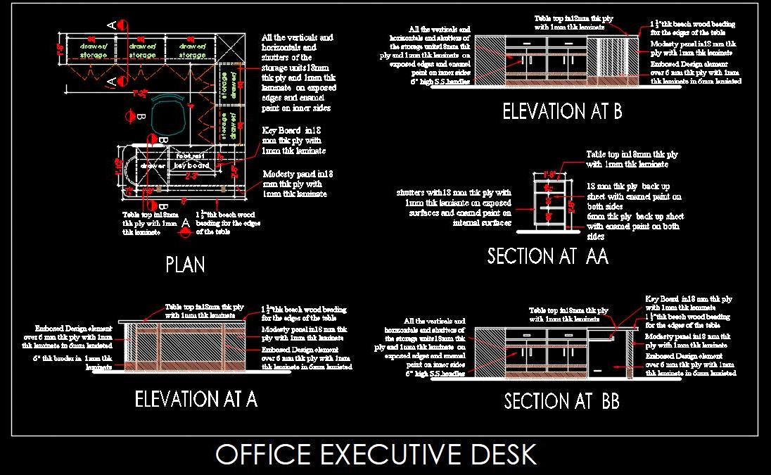 U-Shaped Office Desk CAD Drawing with Complete Details